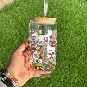 Sanrio Glass Cup With Wooden Lid & Glass Straw